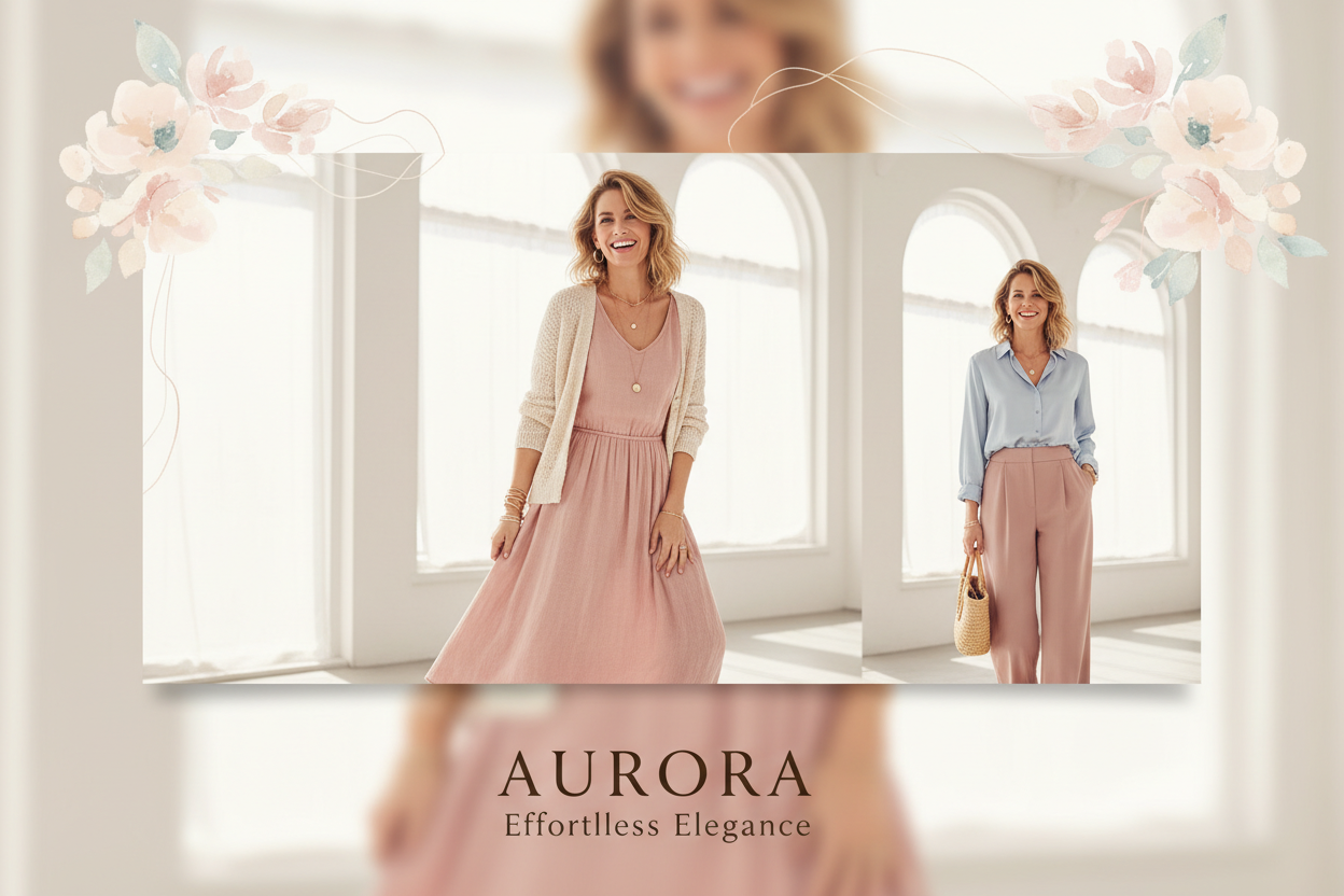 Create a soft, elegant, premium fashion banner for a women’s clothing brand.
A confident, happy American woman (age 24–40) wearing stylish, comfortable, modern outfits in pastel, nude, or rose-tone colors.
Clean, airy background with warm natural lighting.
Aesthetic mood: feminine, minimal, luxurious, trustworthy, inviting.
Include subtle floral or soft abstract elements, no clutter.
Overall look: magazine-quality, classy, modern boutique vi